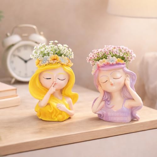 Image of Cute Beautiful Yellow & Purple Girl Resin Succulent Planter Flower Pot Handicraft Pack of 2 Indoor Outdoor Flower Pot Handicraft Planter, Plant Container Set