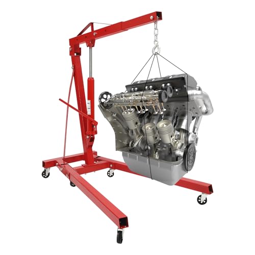 Grúa hidráulica de taller plegable para cargas, hasta 2000 kg, altura de elevación 210 cm, plataforma elevadora para motores y máquinas con brazo ajustable y 6 ruedas de hierro, elevador de motor