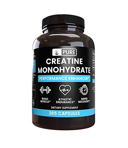 Creatine Monohydrate, 365 Capsules, 1 Month Supply, No Stearates or Rice Filler, Gluten-Free, Potent, Made in USA, 2200 mg Serving of Pure Micronized Creatine Monohydrate