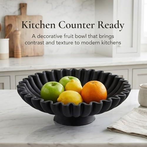 UANYEMON 9.5\" Large Decorative Bowl - Scalloped Pedestal Bowls for Home Decor, Key Bowls for Entryway Table, Decorative Fruit Bowl for Kitchen Counter, Resin Black Ruffle Coffee Table Decor