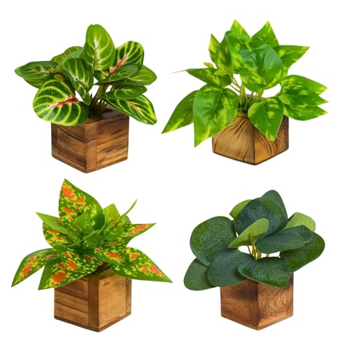 Image of DecoreBugs Artificial Leaves Potted Plants in Wooden Pot (4 Pack) Money Plant | Small Plants for Home Decor | Office Decor