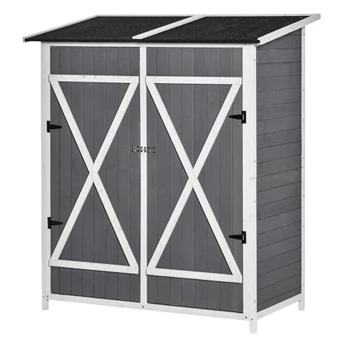 Outsunny Gartenschrank Geräteschuppen mit 2 Tür Geräteschrank mit Asphaltdach Gartenlagerschrank Antidumping Design mit Bodennägel Tannenholz Grau+Weiß 139 x 75 x 160 cm