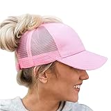 ProMindFun Womens Ponytail High Messy Bun Hats Distressed Baseball Caps Unconstructed Washed Dad Hat Girls Trucker Ponycaps (16-Pink Mesh)