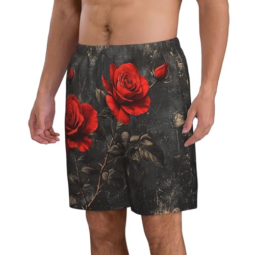 Mens Swim Trunks Board Shorts Quick Dry Shorts with Pockets - Black Red Rose Flowers Floral Retro2