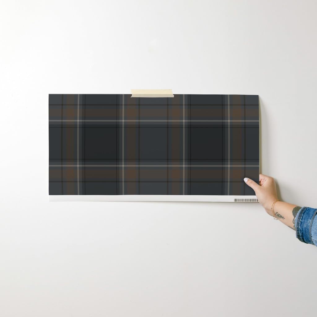 Peel & Stick Wallpaper Swatch - Vintage Brown Plaid,Retro Grey,Librarian Witchy,Grey Tartan,Brown Check,Dark Academia,Large Scale Custom Removable Wallpaper by Spoonflower