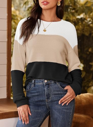 Dokotoo Womens Tops Casual Long Sleeve Waffle Knit Oversized Shirts Crewneck Color Block Pullover Sweatshirts4