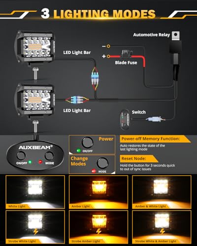 Image of Auxbeam 6 Lighting Modes Light Pod, 4 Inch Strobe LED Light Bar Amber White Fog Lights 120W 12000LM, 10FT Wiring Harness Kit with Memory Function (Pack of 2)