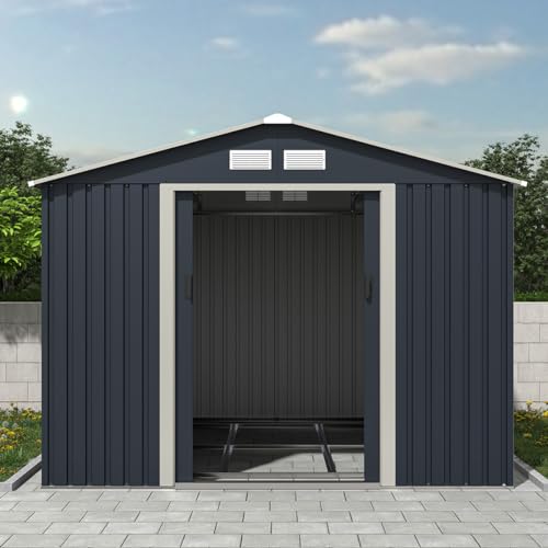 Image of CHARLES BENTLEY Garden Shed, Grey, Zinc Metal, Steel, Shed, Outdoor Storage, Large, Tall, Box, Storage, Tools, Garden Storage, Vents, Lockable Door, Weather Resistant, Rust Proof, Fireproof (8ftx10ft)