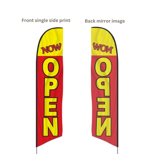 Image of The Flag Company Now Open Feather Flag 8ft Includes X-Base, Poles & Water Bag | Durable Advertising Flag for Businesses, Stores, Restaurants & Events