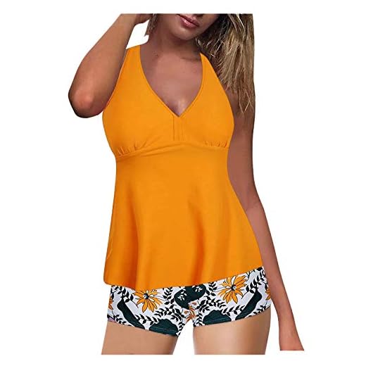 Women's Tankini High Waist High Neck Halter Tummy Control Two Piece Swimsuit Ruffled Top with Boy Shorts Swimwear, Orange