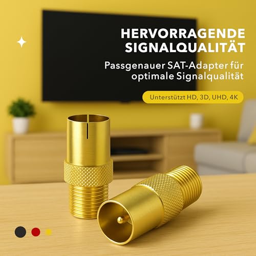 RedStar24 SAT Adapter Vergoldet - F-Kupplung auf Koax-Stecker & Buchse IEC, SAT zu Antennenkabel-Umwandler, Hochwertiges 2er Adapter-Set für F-Kupplung und Koax-Anschlüsse, Ideal für TV und Receiver – Bild 8