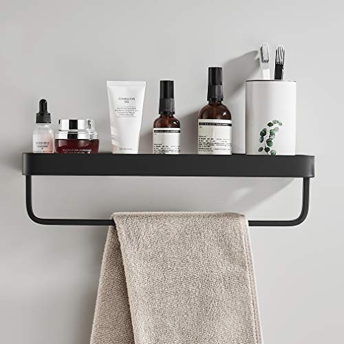 Simve 15.7 Inch Bathroom Tempered Glass Shelf With Towel Bar,Wall Mounted Aluminum Shower Organizer,Over Toilet Storage Cabinet,Matte Black,Kitchen Rectangular Vanity Rack #TOP7