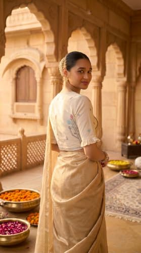 Image of Studio Shringaar Women's Handloom Cotton Jamdani Border Readymade Saree Blouse