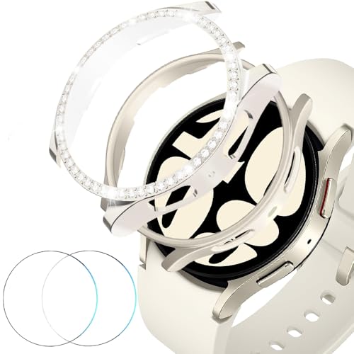 DEALELE [2+2 PACK Tempered Glass Case Compatible with Samsung Galaxy Watch 6 44mm, Bling Diamond + PC Matte Protective Case Cover + Tempered Glass Screen Protector, Starlight + Starlight