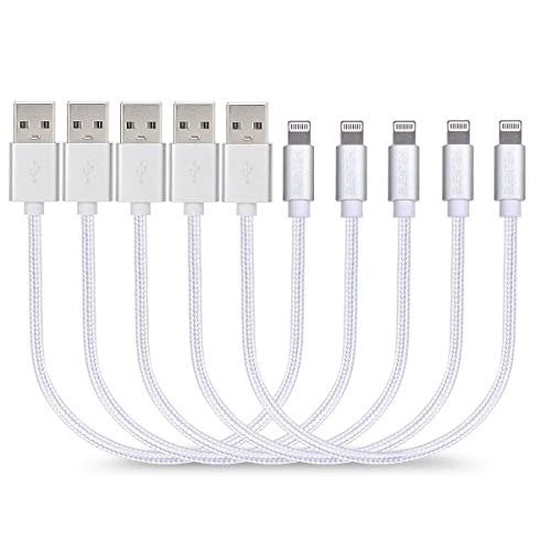 Short Charging Cables [5 Pack 8 inches] BUENTEK Nylon Braided USB Cable Sturdy Charging Cord Compatibility with i OS System Device - Silver