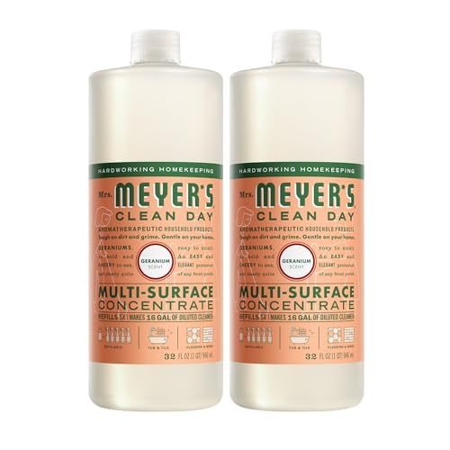 Image of MRS. MEYER'S CLEAN DAY Multi-Surface Everyday Concentrate, Geranium Scent, 32 Fl Oz Bottle - 2 Pack | Dilute with Water for Powerful Cleaner, Makes Up to 16 Gallons per Bottle, Removes Dirt and Freshens Surfaces