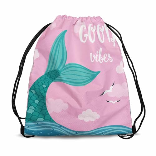 Drawstring Backpack Bag Good Vibes Lettering Green Mermaid Tail Blue Sea Two Seagulls Lightweight Backpack Soccer Ball Bag Sutiable for Sports Beach Short Travel Stroage 14x16.9 Inch