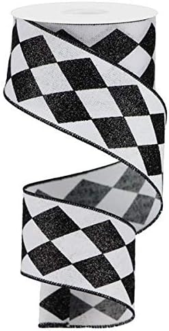 Glitter Harlequin Check Wired Edge Ribbon, 2 x 10 Yards (White, Black)