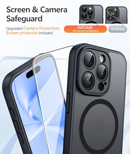 Image of FNTCASE for iPhone 15 Pro Max Case: [Compatible with Magsafe] Translucent Matte Cases with [Full Camera Protection] [Screen Protector] Military Grade Shockproof Protective Phone Cover - Black