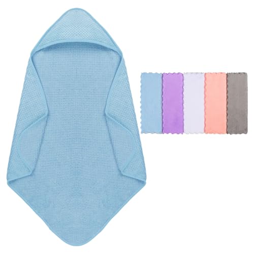 Image of Orighty Baby Hooded Towel with Five Washcloths, 28 x 28 Inch Super Soft Bath Towel with Hood for Babies, Infant, Newborn Essential - Ideal Baby Stuff Registry for Boys and Girls (Blue)