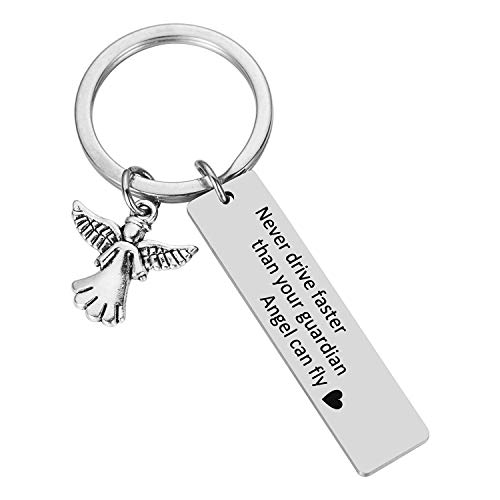 Drive Safe Keychain Gifts for New Drivers Keychain - Never Drive Faster Than Your Guardian Angel Can Fly