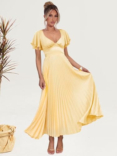 V Neck Bridesmaid Dresses for Women Short Sleeve Satin Pleated Formal Evening Dress3