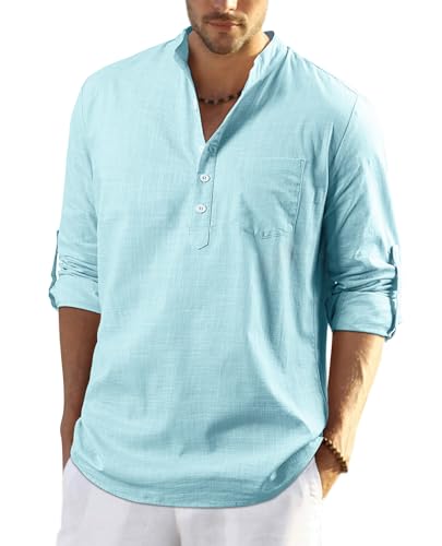 Enlision Hombre Verano Camisa de Lino Camisa Ajustada de Color Liso Camisa con Cuello en V Blusa de Moda con Botones Guayabera Informal Azul 4XL