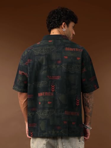 Image of The Souled Store Top Gun: Aviator Men and Boys Short Sleeve Cuban Collar Button Front Dark Green All Over Printed Cotton Oversized Fit Holiday Shirt