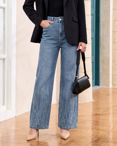 GRAPENT Rhinestone Jeans for Women High Waist Wide Leg Sparkly Denim Pants - image 4