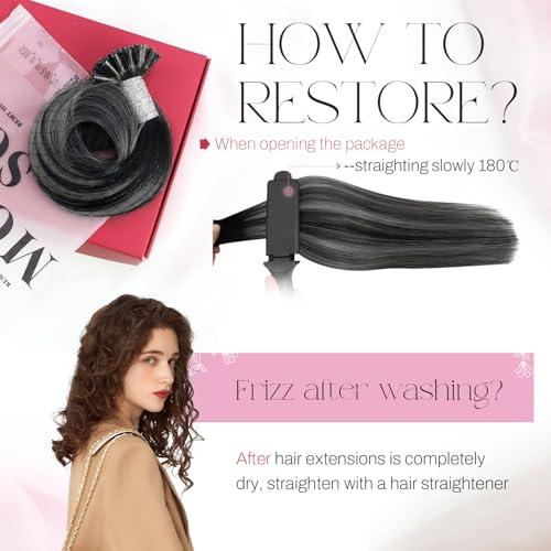 Image of Moresoo K Tip Hair Extensions Real Human Hair, BlacK Silver Melt, 24 Inch | 50g 50 strands, soft texture, keratin bond, extra length, wedding guest or event styling