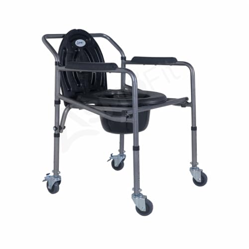 Image of Foldable Commode Chair Height Adjustable Use In Room Or Over Toilet, Potty Chair With Armrests, Bedside Commode-For Adult, Pregnant Women, Elderly - Weight Capacity 100Kg (With Wheels),Grey