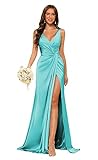YMSHA Turquoise Bridesmaid Dresses with Slit Long V Neck Mermaid Pleated Formal Party Dresses for Women Ruched Waist Maxi Evening Dresses 14