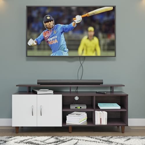 Image of VIKI Modern TV Unit for Living Room | Engineered Wood TV Cabinet with 2 Door Storage, 2 Open Shelves & Extension, Entertainment Unit, 140W x 48H x 40D cm | DIY | 1 Year Warranty (Wenge & White)
