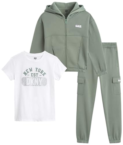 DKNY Girls 3-Piece Athletic Fleece Zip Sweatshirt Hoodie and Jogger Set (4-12)