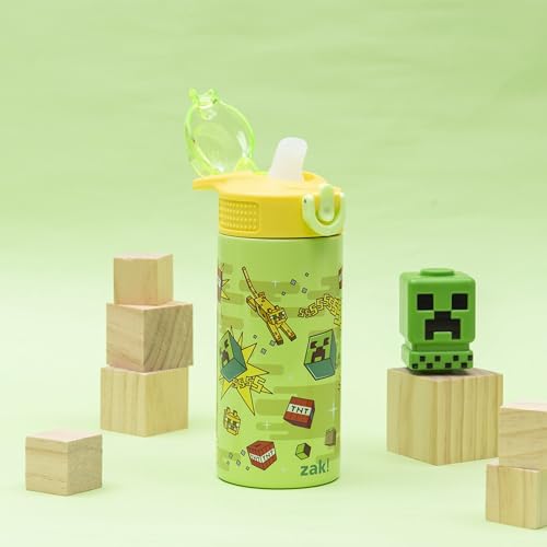 Image of Zak Designs Minecraft Sage Kids Water Bottle For School or Travel, 14oz Stainless Steel Water Bottle With Straw, Handle, and Leak-Proof, Pop-Up Spout Cover (Creeper)