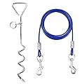 10ft Dog Tie Out Cable with 15" Spiral Ground Stake Spike for Small to Medium Dogs Up to 60 lbs for Playing, Camping?Outdoor, Yard and Backyard in Ground (Blue)