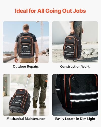 Miniatura 6 de Vevor Mochila Con Ruedas De 450 X 275 X 560 Mm Capacidad De Carga De 50 Kg Mochila De Herramientas Resistente Con 72 Bolsillos, Asa Telescópica Ajustable Y Base Estable Para Construcción Y Mecánico