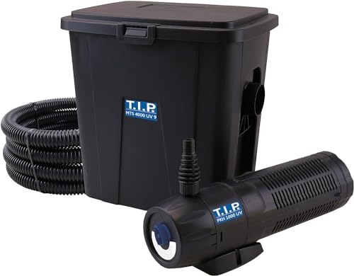 T.I.P. Teichfilter - Teichaußenfilter-Set (4.000 l Teichvolumen, 1.000 l/h Fördermenge, UV-C 9 Watt, Filterbehälter 10 l, inkl. Pumpe, UV-C Strahler, Schlauch, Filtermaterial) MTS 4000 UV 9, 30296