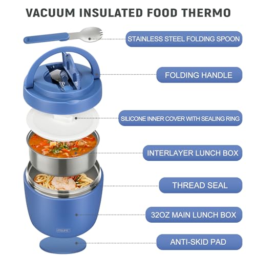Image of Itslife 32oz Insulated Soup Thermo, Vacuum Stainless Steel Food Jar for Hot & Cold Food, Leakproof Wide Mouth Lunch Container with Spoon (Blue)