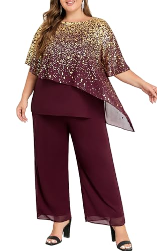Hanna Nikole 2 Pieces Mother of The Bride Dressy Pant Suits Chiffon Evening Formal Wedding Guest Suits Wine Red US 16W
