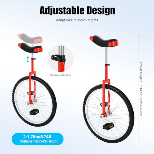 Image of 24 inch Leak proof Tire Wheel Unicycle, Outdoor Adjustable Seat Height Sports Fitness Cycle, Portable Thickened Steel Frame Balance Unicycle with Saddle, For Office Workers, Student