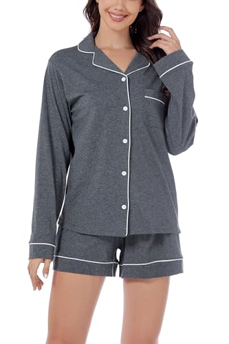 Image of LUBOT 100% Cotton Pajamas for Women 2PC PJ Set Womens Soft Long Sleeve Button-Down Shirt Two Piece Set Sleepwear Loungewear Night Suit (Dark Gray, 2XL)