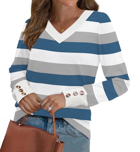 Image of WIHOLL Lightweight Sweaters for Women Long Sleeve V Neck Knit Outfits with Decorative Buttons