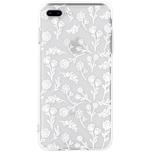 MEGANTREE Cute Phone Case Compatible with iPhone 7 Plus, White Flowers iPhone 8 Plus Cases Aesthetic Art Pattern Print Soft TPU Drop Protection, for Girls Women 5.5', Clear