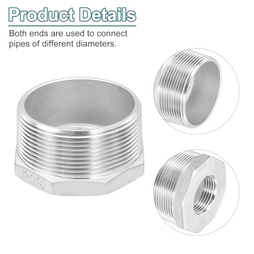 Image of uxcell 3Pcs 2 inch Male to 1 inch Female NPT 304 Stainless Steel Reducer Hex Bushing, Reducing Cast Pipe Adapter Fitting for industrial, oil /gas, water, HVAC, and plumbing systems