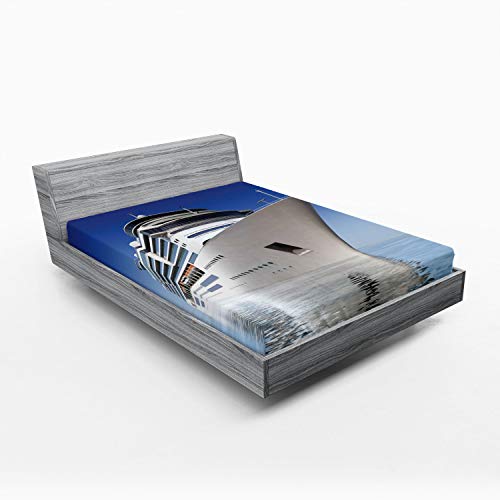 Ambesonne Cruise Ship 2 Pack Fitted Sheet, White Ship on The Water, Bed Cover All-Round Elastic Deep Pockets 2 Pieces, Package Contains 2 Full Size Fitted Sheets, Blue and White