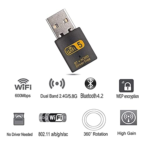 Adaptateur USB WiFi Bluetooth, 600Mbps Clé WiFi Dongle Double Bande 2.4/5.8 GHz Bluetooth 4.2 sans Fil Adaptateur Réseau Carte WiFi Driver Free pour Portable PC de Bureau Windows 10/8/8.1/7