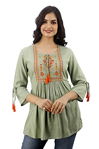Image of DMP FASHION Women's Rayon Classic Heavy Embroidery Top with Beautifull Tassels at Front and on Both Sleeves
