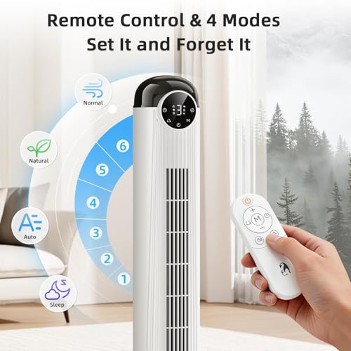 Image of Antarctic Star Tower Fan, 41 Inch DC Motor Bladeless Oscillating Fan with Remote, 6 Speeds & 4 Modes, LED Display, 9H Timer, Quiet Floor Standing Fan for Bedroom Living Room Office, White