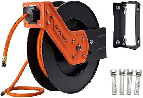 Giraffe Tools TA15 Retractable Air Compressor Hose Reel Swivel 3/8" x 50 ft Hybrid Hose, Ceiling/Wall Mounted Heavy Duty Industrial Commercial Reel, 300PSI, 50ft, Tangelo